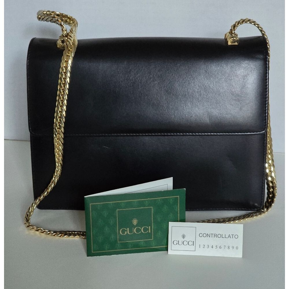 Vintage Gucci Black Leather Gold Chain Shoulder Bag - Picture 2 of 14